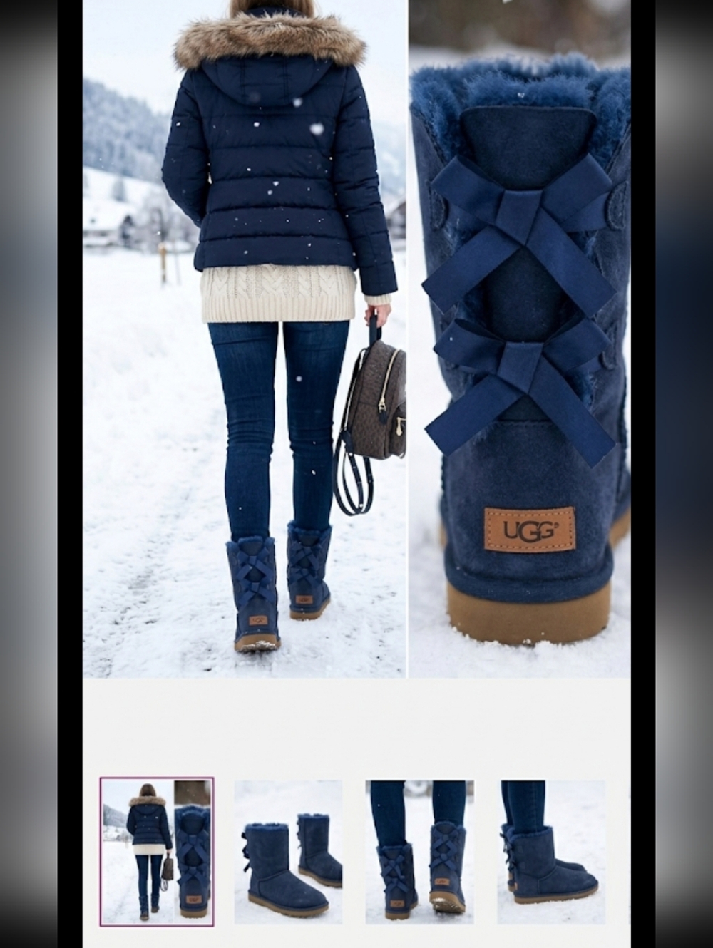 UGG Navy Short Suede Boots with Shearling Trim, 2x Bows On Each Boot - Picture 2 of 16